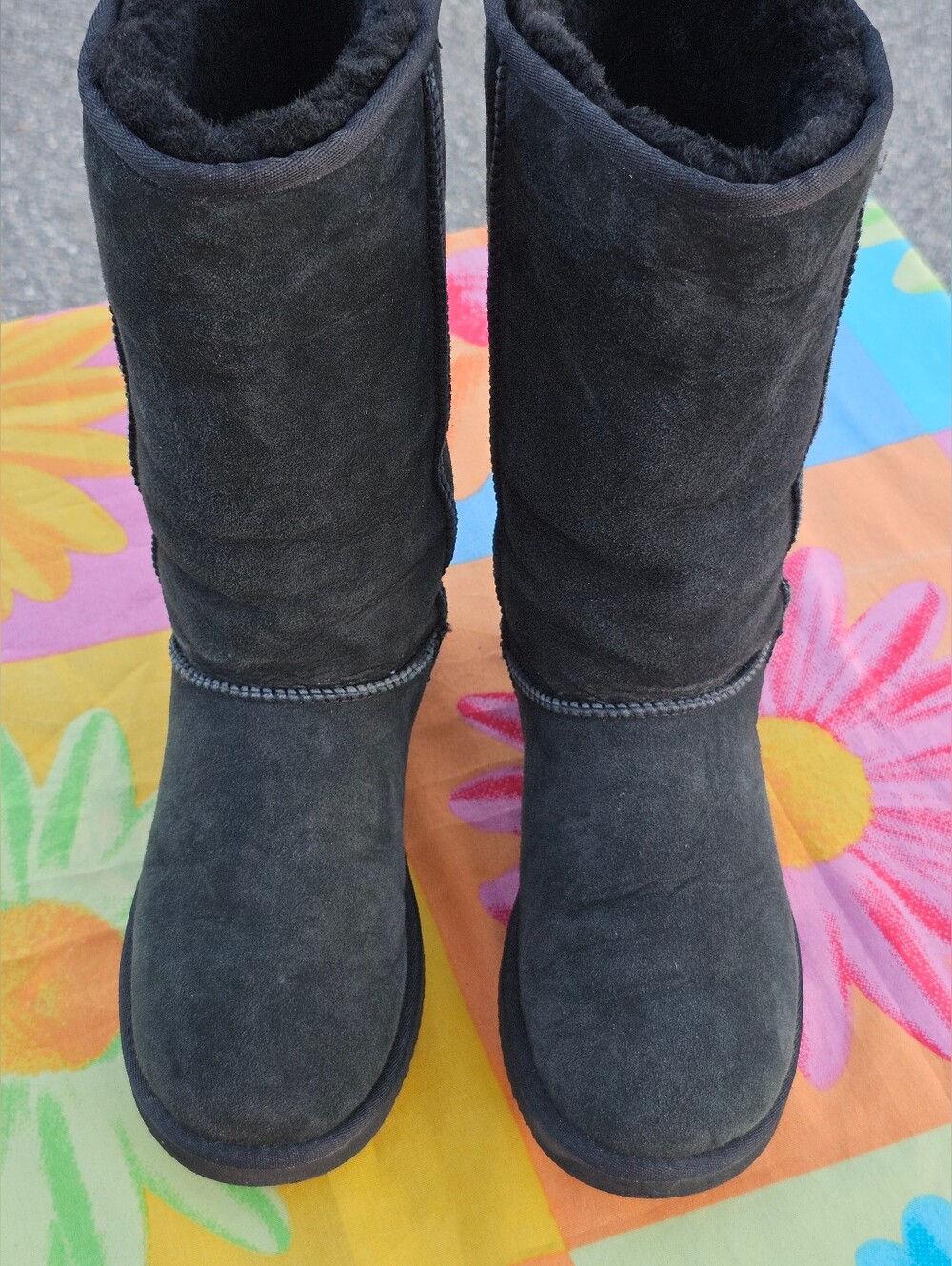 Tall Genuine Sheepskin Boots Womens Size 8 Black Suede Fur Lined Winter Boots